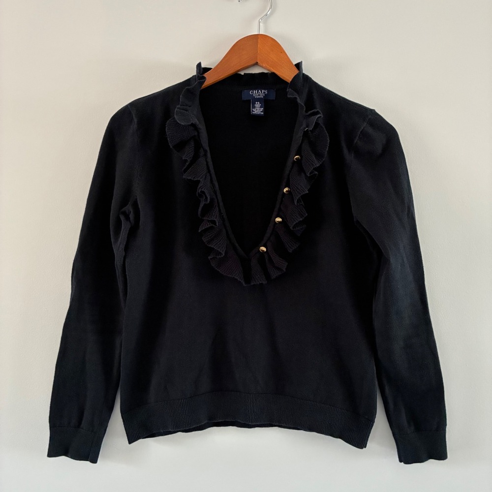 Chaps Ruffle V-Neck Sweater Wom PS Black Gold Button Long Sleeve Petite Classic